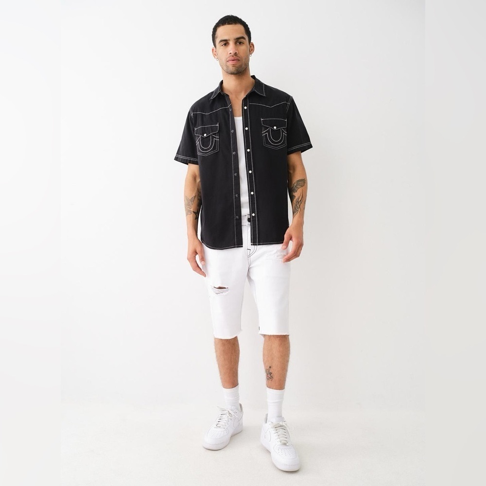 True Religion Big T Western Shirt Black Contrast Stitch Snap Button SS Sz Medium - Picture 4 of 6